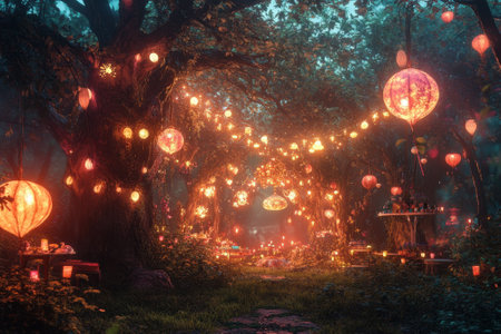 A vibrant festival takes place under glowing lanterns in a lush forest, creating a mystical atmosphere at dusk.の写真素材