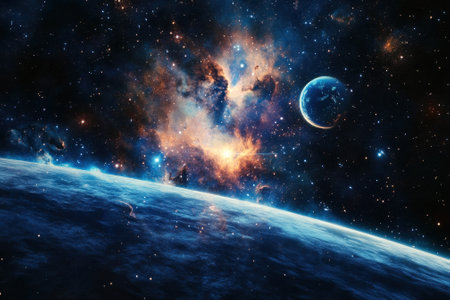 A stunning view of space displays vibrant celestial colors and distant planets surrounded by stars.の写真素材