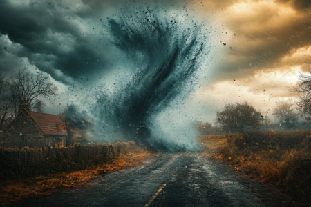 A powerful tornado begins to form alongside a deserted country road under ominous skies filled with dark clouds.の写真素材