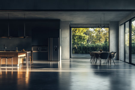 Stylish modern kitchen and dining area featuring large glass windows, showcasing a lush outdoor view at sunset.の写真素材