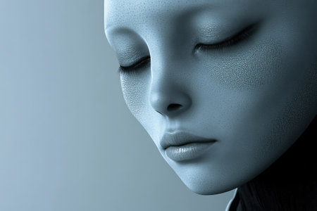 A humanoid figure appears tranquil with closed eyes and smooth features, showcasing futuristic design elements.の写真素材