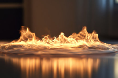 Flames create a mesmerizing circular pattern, reflecting on a polished surface in an artistic display.の写真素材