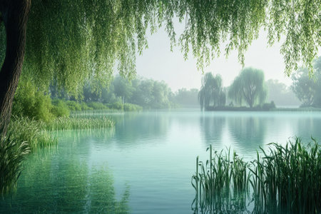 Calm water mirrors lush vegetation as early morning sunlight bathes the peaceful lakeside setting.の写真素材