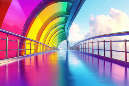 A bright, colorful walkway features a rainbow arch, reflecting sunlight on a clear day with fluffy clouds.の写真素材