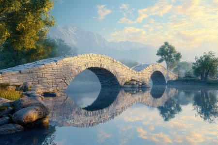 A beautifully arched stone bridge spans a tranquil body of water, surrounded by lush greenery and mountains.の写真素材