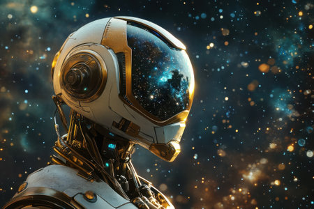 A highly detailed robot stands in space, its visor showcasing a stunning galaxy filled with stars and colors.の写真素材