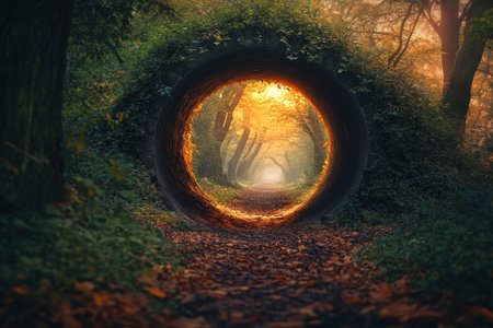 A serene forest path surrounded by vibrant autumn leaves glows softly, creating a magical tunnel effect.の写真素材