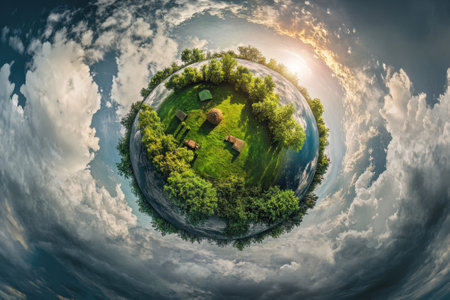 Aerial perspective showcases a lush green area with scattered huts, under a dynamic sky filled with clouds.の写真素材