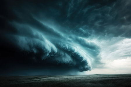 Dark clouds gather ominously above the open field as twilight approaches, hinting at an impending storm.の写真素材