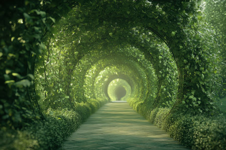 A tranquil walk on a stone path surrounded by lush green foliage and arching vines, evoking peace and harmony.の写真素材