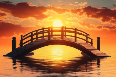 A wooden bridge stands silhouetted against a vibrant sunset, reflecting on the water's surface.の素材