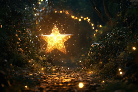 A glowing star shines brightly along a forest path, highlighting the enchanting atmosphere created by sparkling lights.の写真素材