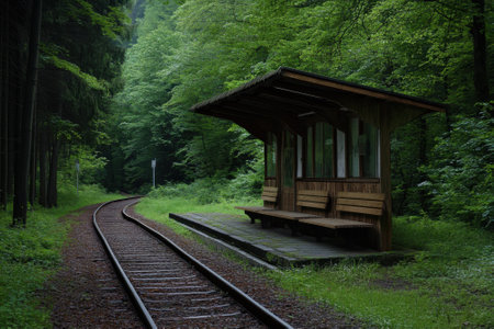 A quaint wooden shelter sits next to train tracks, embraced by dense greenery in a serene forest setting.の写真素材