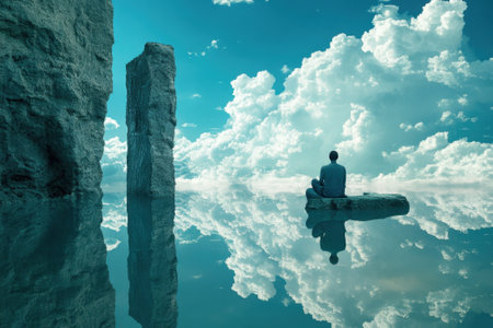 A figure sits peacefully on a rock, meditating by water, with two stone pillars rising in the background.の写真素材