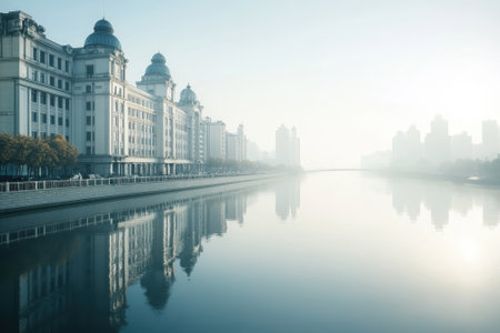 Historic architecture lines the riverside, shrouded in a gentle morning mist, with reflections shimmering on the water.の写真素材