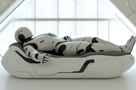 A sleek, white robot relaxes on a modern lounge chair in a spacious, well-lit environment.の写真素材