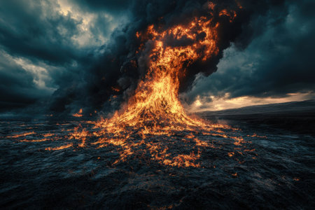 A powerful eruption sends molten lava skyward as dark clouds gather over a fiery landscape at sunset.の写真素材
