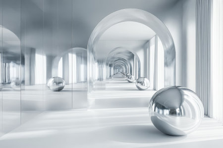 A minimalist interior features shiny spheres reflecting light in a continuous archway design.の写真素材
