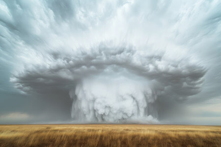An immense cloud structure develops above vast fields, indicating an approaching storm with dark intensity.の写真素材