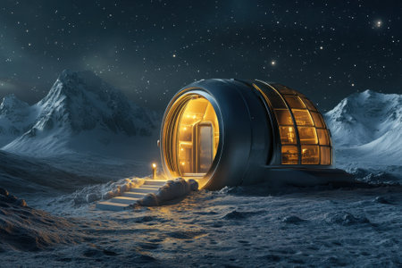 A warm glow emanates from a modern cabin set against mountains under a brilliant starry sky at night.の写真素材