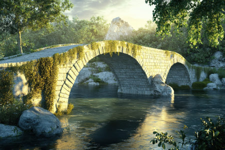 A historic stone bridge arches over calm waters, embraced by vibrant foliage and serene atmosphere at dusk.の写真素材