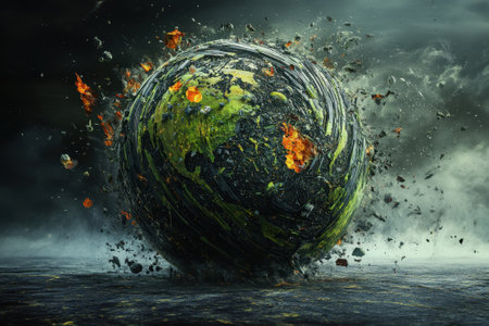 A striking visual shows Earth disintegrating with flames and fragments scattered in a dark, ominous setting.の写真素材