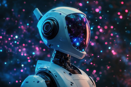 A detailed robot stands still, showing a glossy visor reflecting a vibrant cosmic scene with bright colors.の写真素材