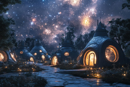 Stunning homes illuminated by soft light under a breathtaking star-filled sky in a serene landscape setting.の写真素材