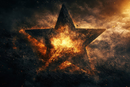 Fiery particles swirl around a glowing star shape, set against a dark, dramatic backdrop of smoky clouds.の写真素材