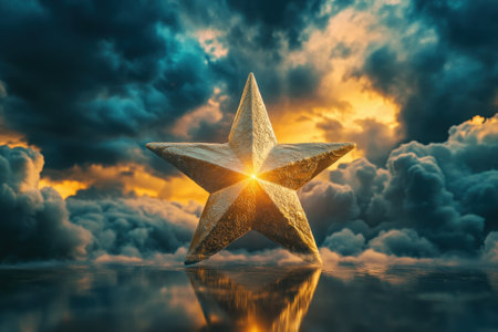 A golden star stands out against dark, swirling clouds as the sun sets, creating a striking visual contrast.の写真素材
