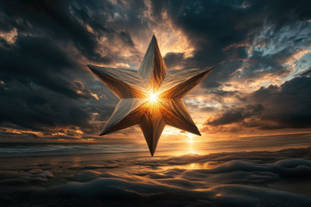 A unique star shape radiates warm light at sunset over calm ocean water, creating a magical atmosphere.の写真素材