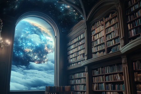 A grand library showcases towering shelves filled with books while cosmic landscapes shine through a window.の写真素材