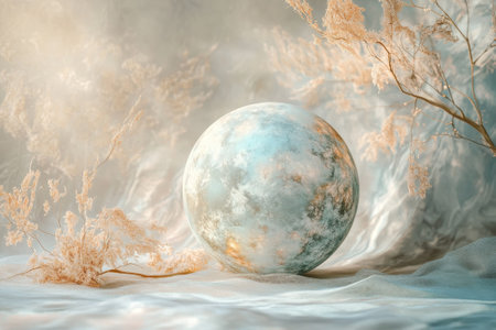 A textured orb rests among golden flora in a dreamy landscape with soft colors and gentle light.の写真素材