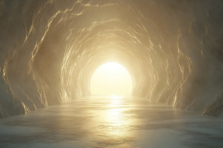 Soft sunlight radiates through a cave opening, illuminating still waters and creating a serene atmosphere.の写真素材