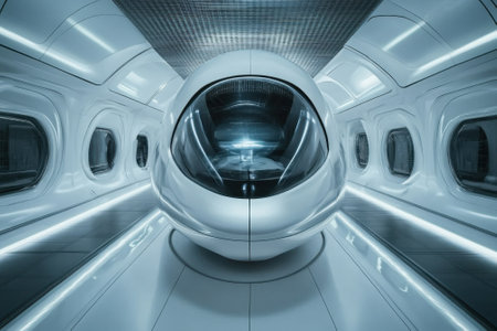 Innovative transportation pod stands alone in a high-tech environment with glowing lights and smooth surfaces.の写真素材