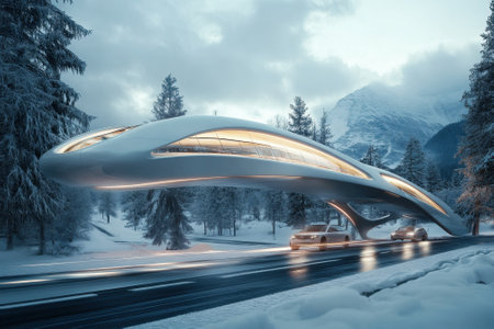 A futuristic building with sleek lines is surrounded by snow-covered trees and mountains.の写真素材