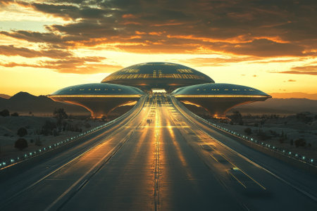 A sleek, futuristic structure features bold designs at sunset, with a road guiding travelers toward it.の素材