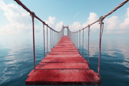 A vibrant wooden bridge stretches over tranquil waters, connecting the land to the horizon on a sunny day.の写真素材