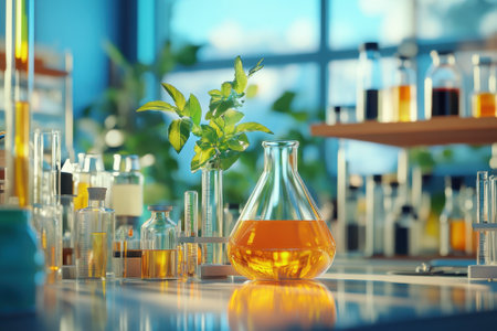 Bright laboratory showcases colorful liquids in glassware, surrounded by plants and equipment during the day.の写真素材