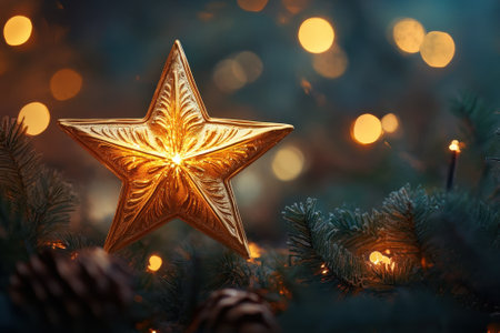 A golden star ornament brightly illuminates a Christmas tree surrounded by soft, warm lights and pine branches.の写真素材