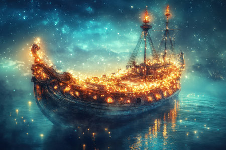 A magnificent ship glows brightly as it sails through serene waters under a star-filled sky at night.の写真素材