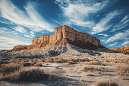 Vibrant sky enhances the striking limestone structure amid dry terrain and sparse vegetation at dusk.の写真素材
