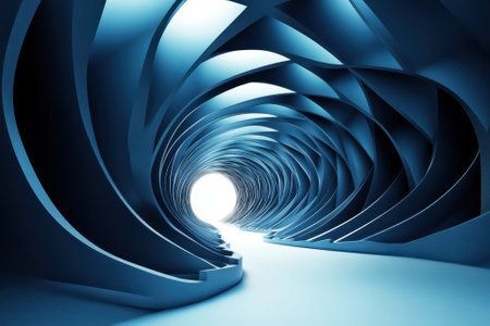 A futuristic blue tunnel features smooth curves and opens to a bright light at the end, evoking a sense of mystery.の写真素材
