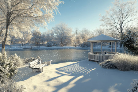 Lush trees dusted with snow overlook a tranquil lake as snowflakes fall gently, creating a peaceful winter atmosphere.の写真素材