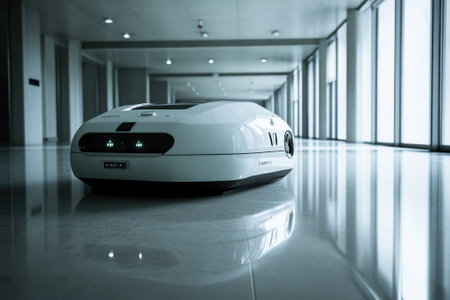 A robot cleaner glides across the polished floor of a contemporary office building, working efficiently.の写真素材