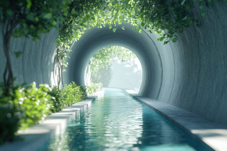 A peaceful waterway flows through a concrete tunnel, surrounded by lush greenery and soft morning light.の写真素材