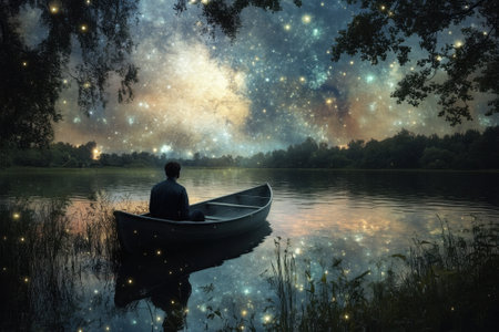 A lone figure sits in a small boat on a tranquil lake, gazing at a star-filled sky and contemplating life.の写真素材