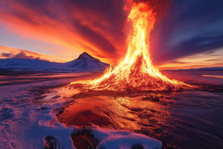 A vibrant volcano erupts, sending lava high against a backdrop of colorful sunset clouds and snow.の写真素材