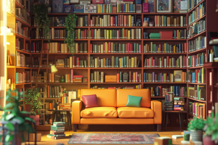A bright, inviting nook features an orange couch among a backdrop of vibrant bookshelves and plants.の写真素材