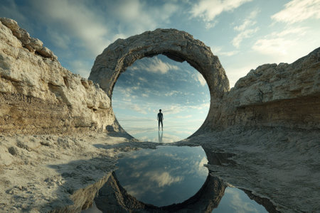 A solitary person stands in a large circular rock formation reflecting a serene sky and still water.の写真素材